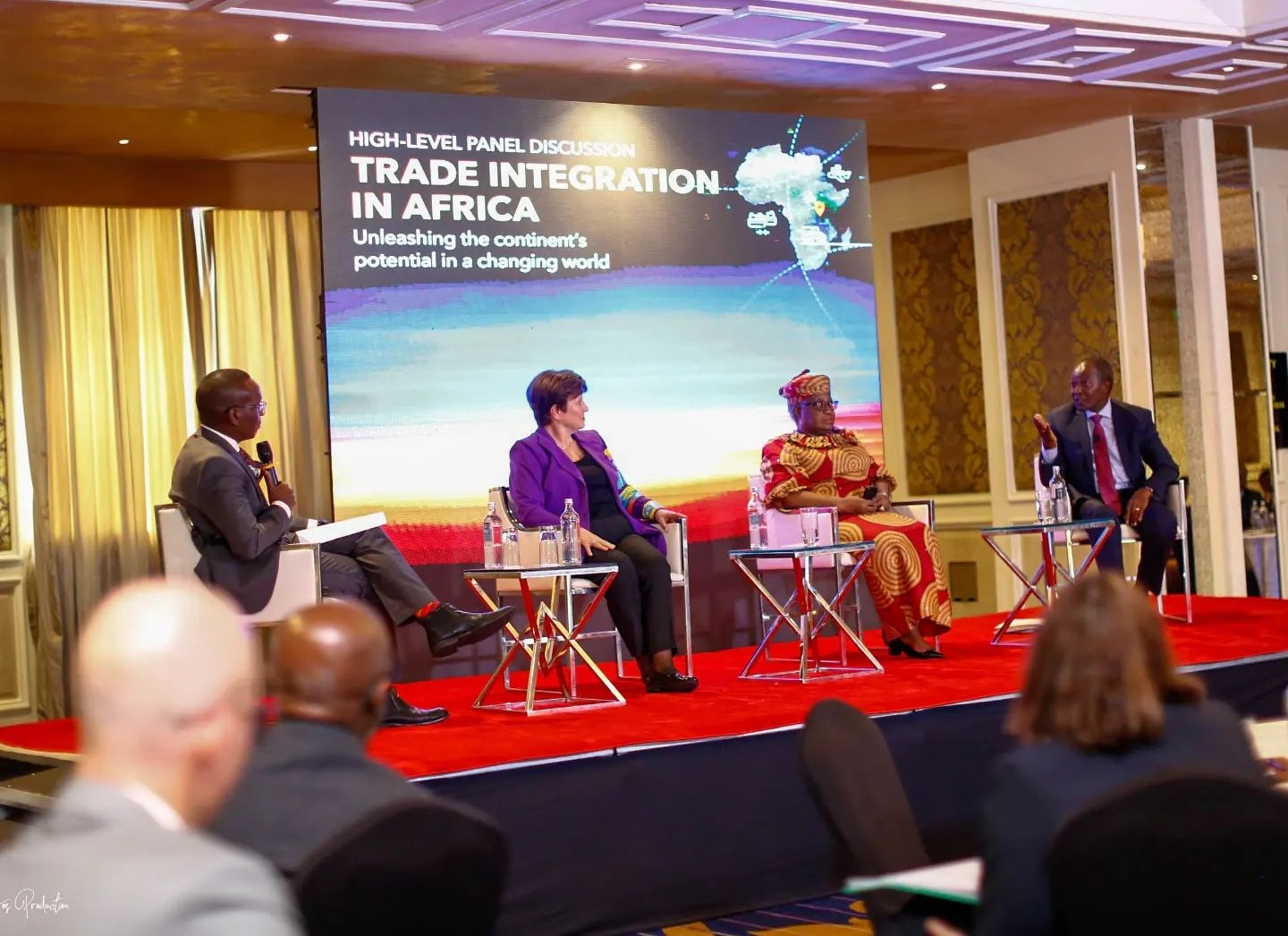 IMF Managing Director, Kristalina Georgieva, the World Trade Organization Director General, Ngozi Okonjo-Iweala and Kenya's Treasury Cabinet Secretary Njuguna Ndung'u during a panel discussion in Nairobi on trade integration in Africa.